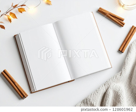 Blank Notebook with Cinnamon Sticks and Autumn Decor 128601962