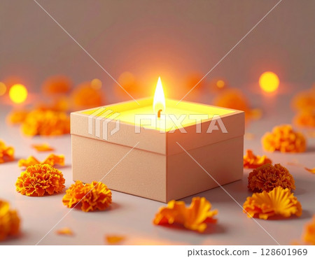 Glowing Orange Candle with Marigold Petals 128601969
