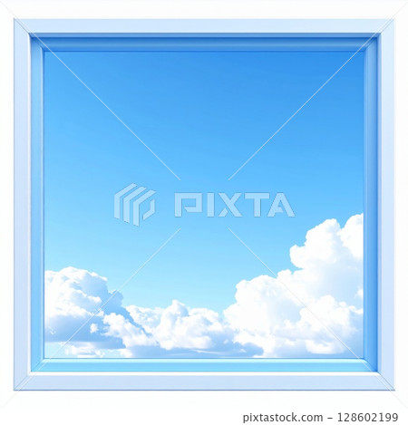 Blue Sky View Through a White Window Frame 128602199