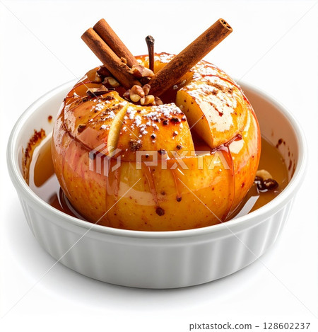 Baked Apple with Cinnamon and Walnuts 128602237