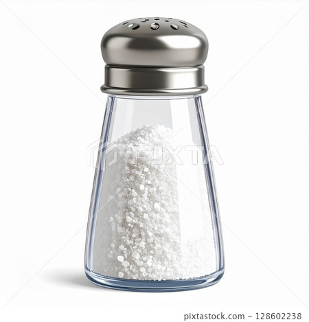 Glass Salt Shaker with Metal Lid on White Background 128602238