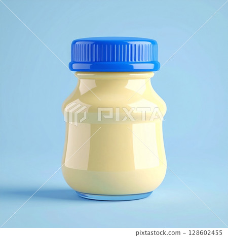 Pale Yellow Yogurt in a Glass Jar with Blue Lid Pale Yellow Yogurt in a Glass Jar with Blue Lid 128602455
