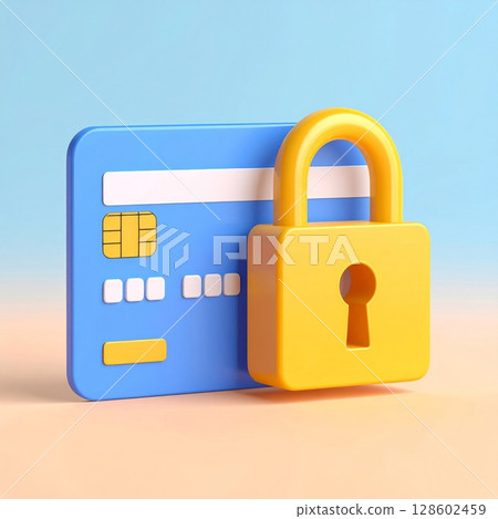 Secure Credit Card Payment Concept: Blue Credit Card and Yellow Padlock on Pastel 128602459