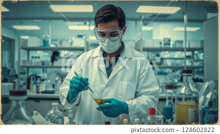 Biochemical lab technician analyzing samples in a modern lab background 128602822