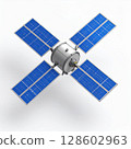 Satellite Model with Blue Solar Panels on White Background 128602963