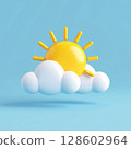 3D Render of Yellow Sun and White Clouds on Blue 128602964