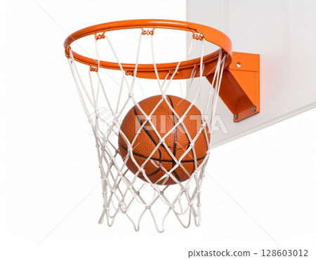 Basketball ball and a basket over white background, sports concept 128603012