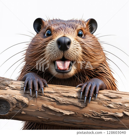 Beaver with a piece of wood close view background 128603040