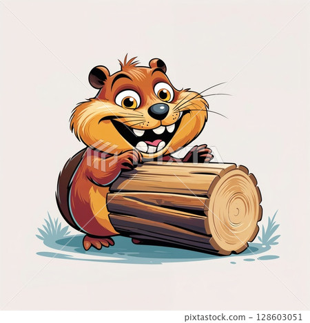 Happy beaver with a piece of wood close view illustration 128603051