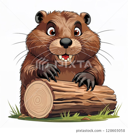 Happy beaver with a piece of wood close view illustration 128603058