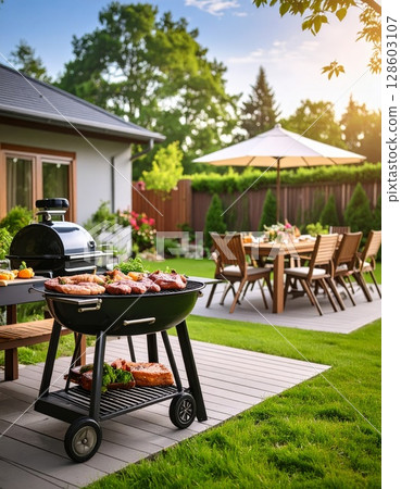 Backyard barbeque exterior background, summer mood 128603107