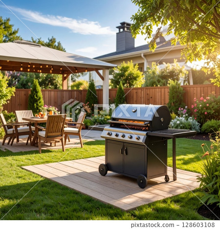 Backyard barbeque exterior background, summer mood 128603108