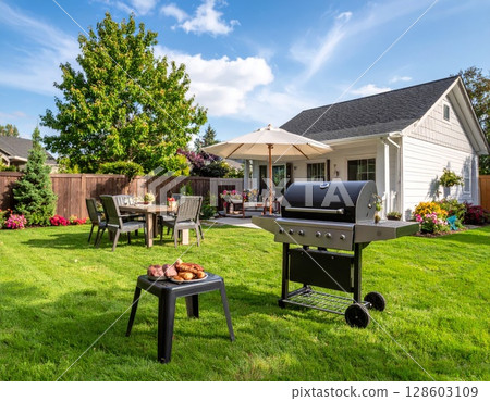 Backyard barbeque exterior background, summer mood 128603109