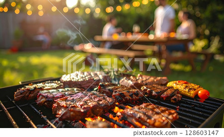 Juicy barbecue meat on the grill, close view, summer barbecue bliss background 128603147