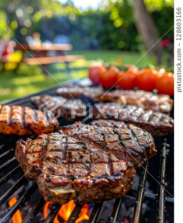 Juicy barbecue meat on the grill, close view, summer barbecue bliss background 128603166