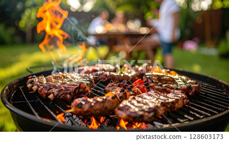 Juicy barbecue meat on the grill, close view, summer barbecue bliss background 128603173