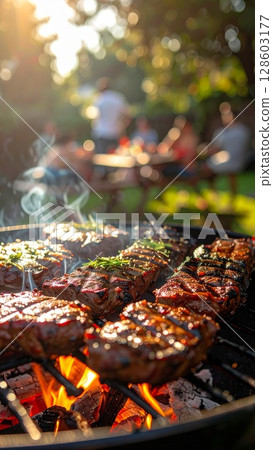 Juicy barbecue meat on the grill, close view, summer barbecue bliss background 128603177
