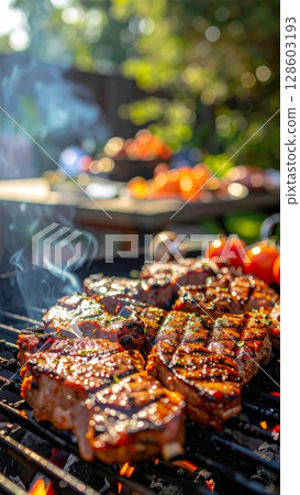 Juicy barbecue meat on the grill, close view, summer barbecue bliss background 128603193