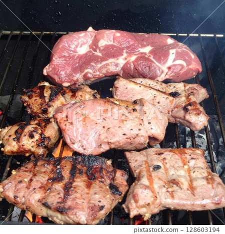 Juicy barbecue meat on the grill, close view, summer barbecue bliss background 128603194