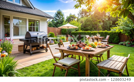 Backyard barbeque exterior background, summer mood 128603249