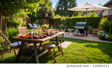 Backyard barbeque exterior background, summer mood 128603251