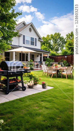 Backyard barbeque exterior background, summer mood 128603253