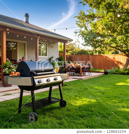 Backyard barbeque exterior background, summer mood 128603254