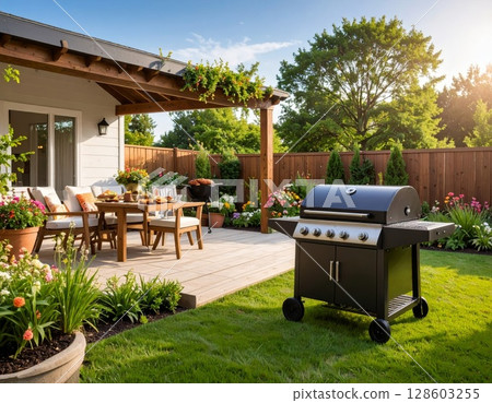 Backyard barbeque exterior background, summer mood 128603255