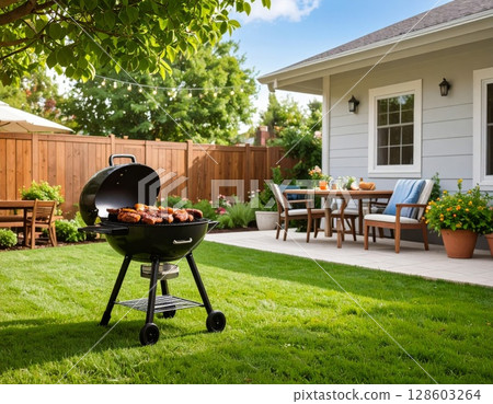 Backyard barbeque exterior background, summer mood 128603264