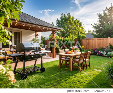 Backyard barbeque exterior background, summer mood 128603265