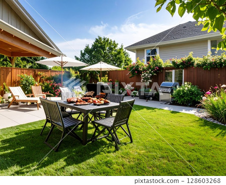 Backyard barbeque exterior background, summer mood 128603268