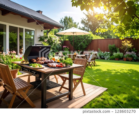 Backyard barbeque exterior background, summer mood 128603270