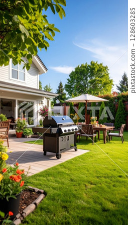 Backyard barbeque exterior background, summer mood Backyard barbeque exterior background, summer mood 128603285