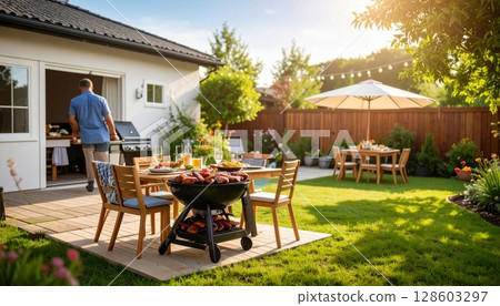 Backyard barbeque exterior background, summer mood 128603297
