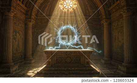 Altar in the old temple with sparkling circle of lightning above it, forming a portal, fantasy art background 128603324