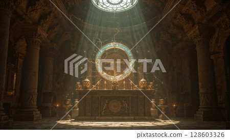 Altar in the old temple with sparkling circle of lightning above it, forming a portal, fantasy art background Altar in the old temple with sparkling circle of lightning above it, forming a portal, fantasy art background 128603326