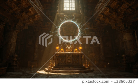 Altar in the old temple with sparkling circle of lightning above it, forming a portal, fantasy art background 128603327