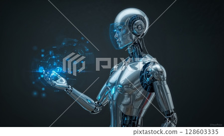 Silver humanoid robot android working with technological data instruments, modern futuristic background 128603335