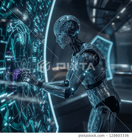 Silver humanoid robot android working with technological data instruments, modern futuristic background 128603336