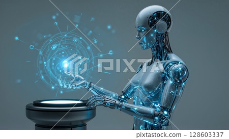 Silver humanoid robot android working with technological data instruments, modern futuristic background 128603337