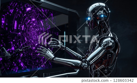 Silver humanoid robot android working with technological data instruments, modern futuristic background 128603342