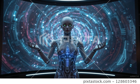 Silver humanoid robot android working with technological data instruments, modern futuristic background 128603346