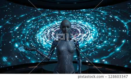 Silver humanoid robot android working with technological data instruments, modern futuristic background Silver humanoid robot android working with technological data instruments, modern futuristic background 128603347