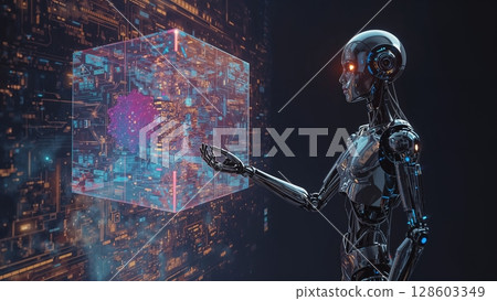 Silver humanoid robot android working with technological data instruments, modern futuristic background 128603349
