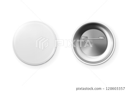 Button Badge Vector Mockup. Blank Button Badge Front and Back, White Button Badge Template, Round Pin Button Badge Illustration for Branding, Promotional Design, Event Badge, Pin Mockup Vector 128603357