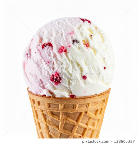 Closeup of Pink and White Raspberry Ice Cream in a Waffle Cone 128603387
