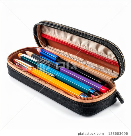 Black Leather Pencil Case with Colorful Pens and Pencils 128603696