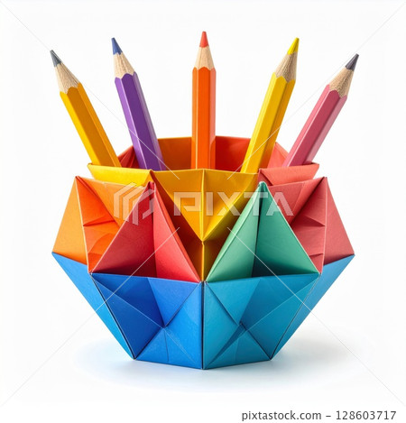 Colorful Origami Pencil Holder with Rainbow Paper 128603717