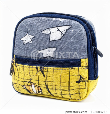 Small Gray and Yellow Fabric Bag with Paper Airplanes 128603718