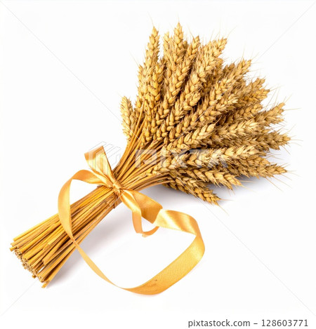 Golden Wheat Sheaf with Ribbon on White Background 128603771